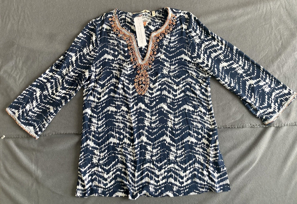 Soft Surroundings Kira Tunic Women PL (14/16) Blue Abstract Bead Sequin Boho NWT